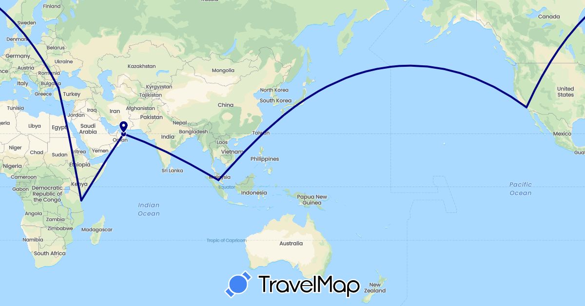 TravelMap itinerary: driving in Malaysia, Oman, Turkey, Tanzania, United States (Africa, Asia, North America)